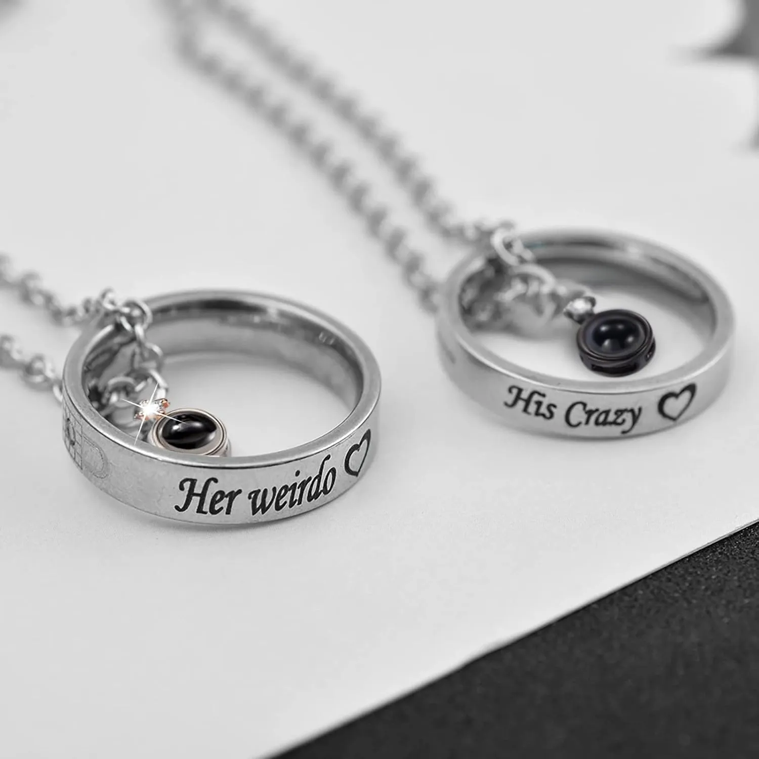 MJartoria Matching Necklaces for Couples, His and Hers Engraved Rhinestone Ring Pendant Necklace Gifts for Boyfriends Girlfriends