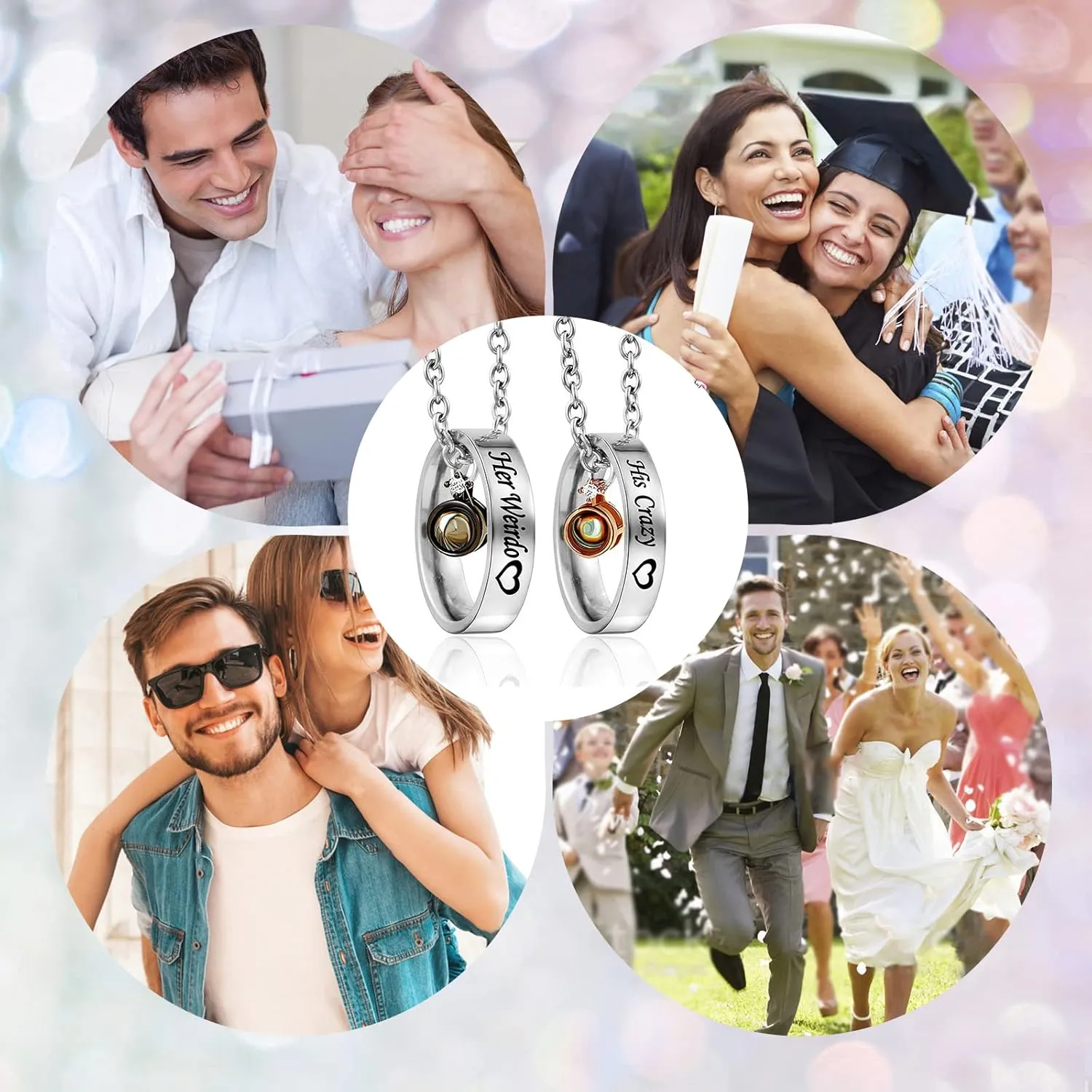 MJartoria Matching Necklaces for Couples, His and Hers Engraved Rhinestone Ring Pendant Necklace Gifts for Boyfriends Girlfriends