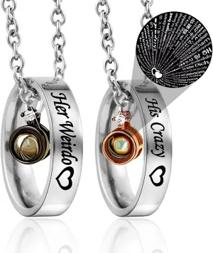 MJartoria Matching Necklaces for Couples, His and Hers Engraved Rhinestone Ring Pendant Necklace Gifts for Boyfriends Girlfriends