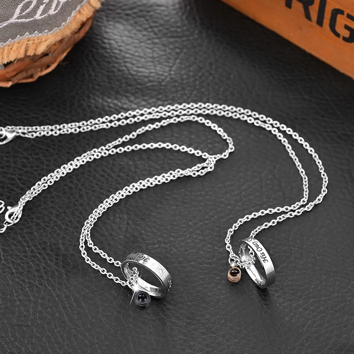 MJartoria Matching Necklaces for Couples, His and Hers Engraved Rhinestone Ring Pendant Necklace Gifts for Boyfriends Girlfriends