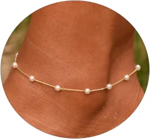 MOLEVY Ankle Bracelets for Women 14K Gold Plated Anklet Silver Anklets Waterproof Evil Eye Beaded Pearl Tennis Crystal Heart Cuba Link Chain Anklets Dainty Jewelry Gift for Her