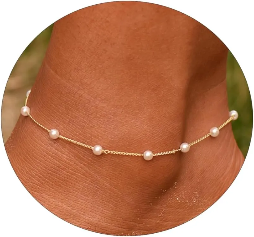 MOLEVY Ankle Bracelets for Women 14K Gold Plated Anklet Silver Anklets Waterproof Evil Eye Beaded Pearl Tennis Crystal Heart Cuba Link Chain Anklets Dainty Jewelry Gift for Her