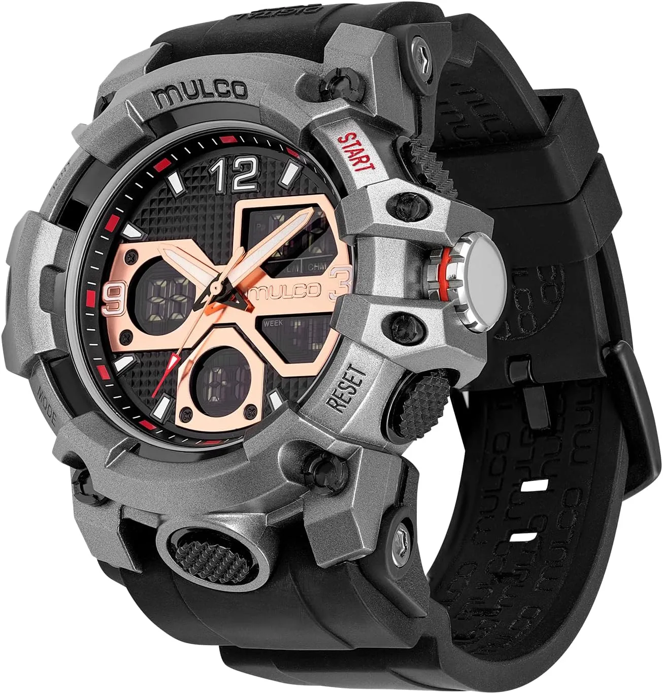 MULCO Watches for Men - Digital Watch & Analog Sport Watch, Black Stainless Steel Quartz with White Wrist Silicone Band, Large Face Premium Analog Display, 100m - Waterproof