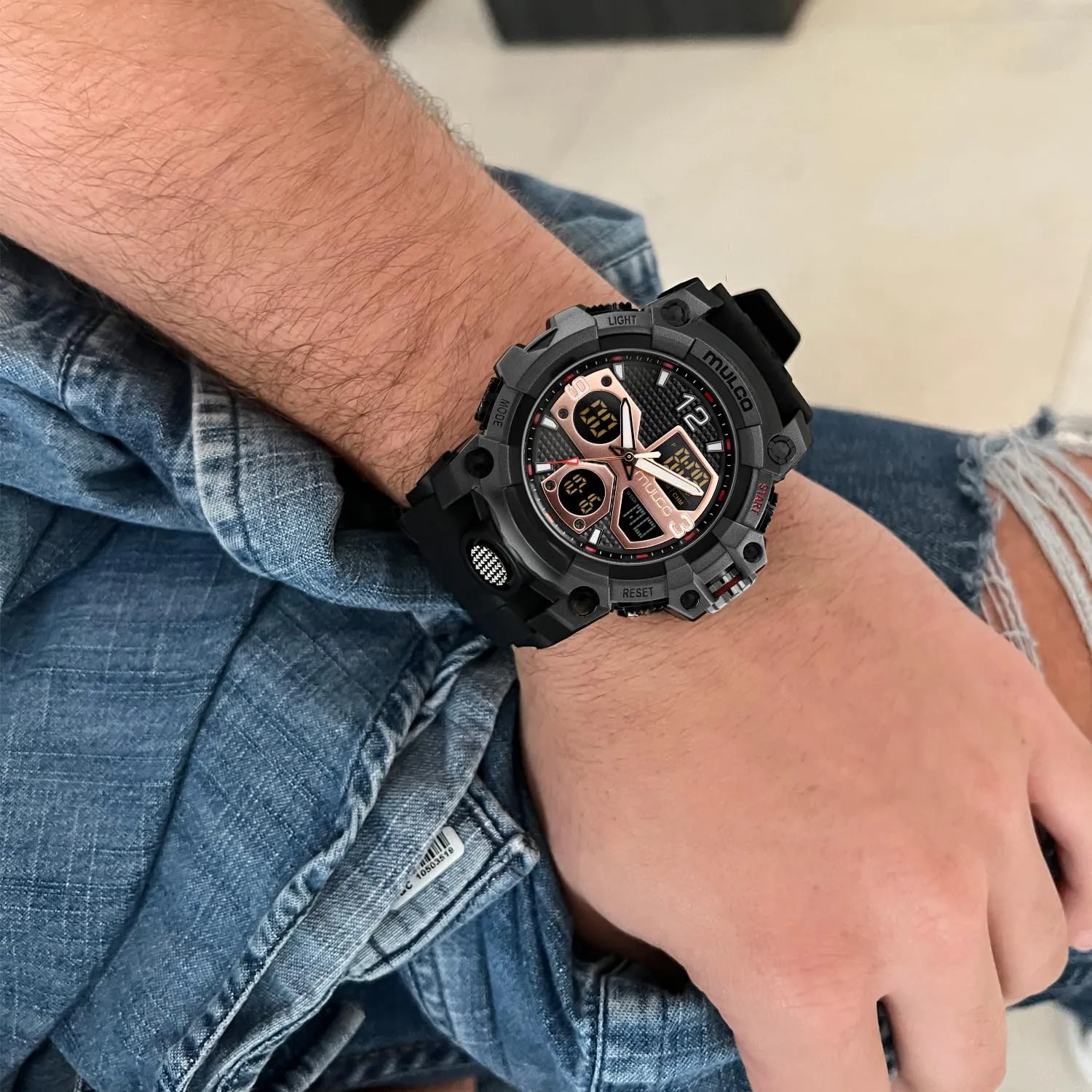 MULCO Watches for Men - Digital Watch & Analog Sport Watch, Black Stainless Steel Quartz with White Wrist Silicone Band, Large Face Premium Analog Display, 100m - Waterproof