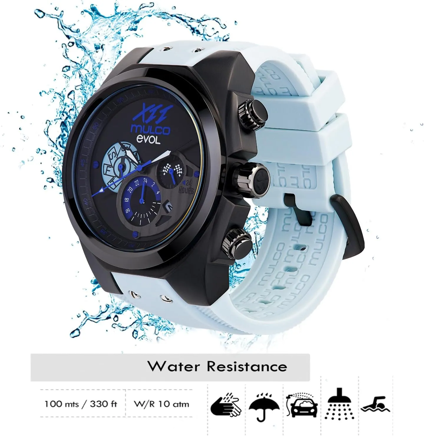 MULCO Watches for Men - Evol, Stainless Steel Case with White Wrist Silicone Band, Quartz Multifunctional Movement, Large Face Premium Analog Display, 100m - Waterproof