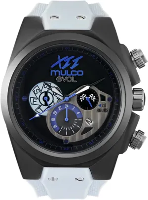 MULCO Watches for Men - Evol, Stainless Steel Case with White Wrist Silicone Band, Quartz Multifunctional Movement, Large Face Premium Analog Display, 100m - Waterproof