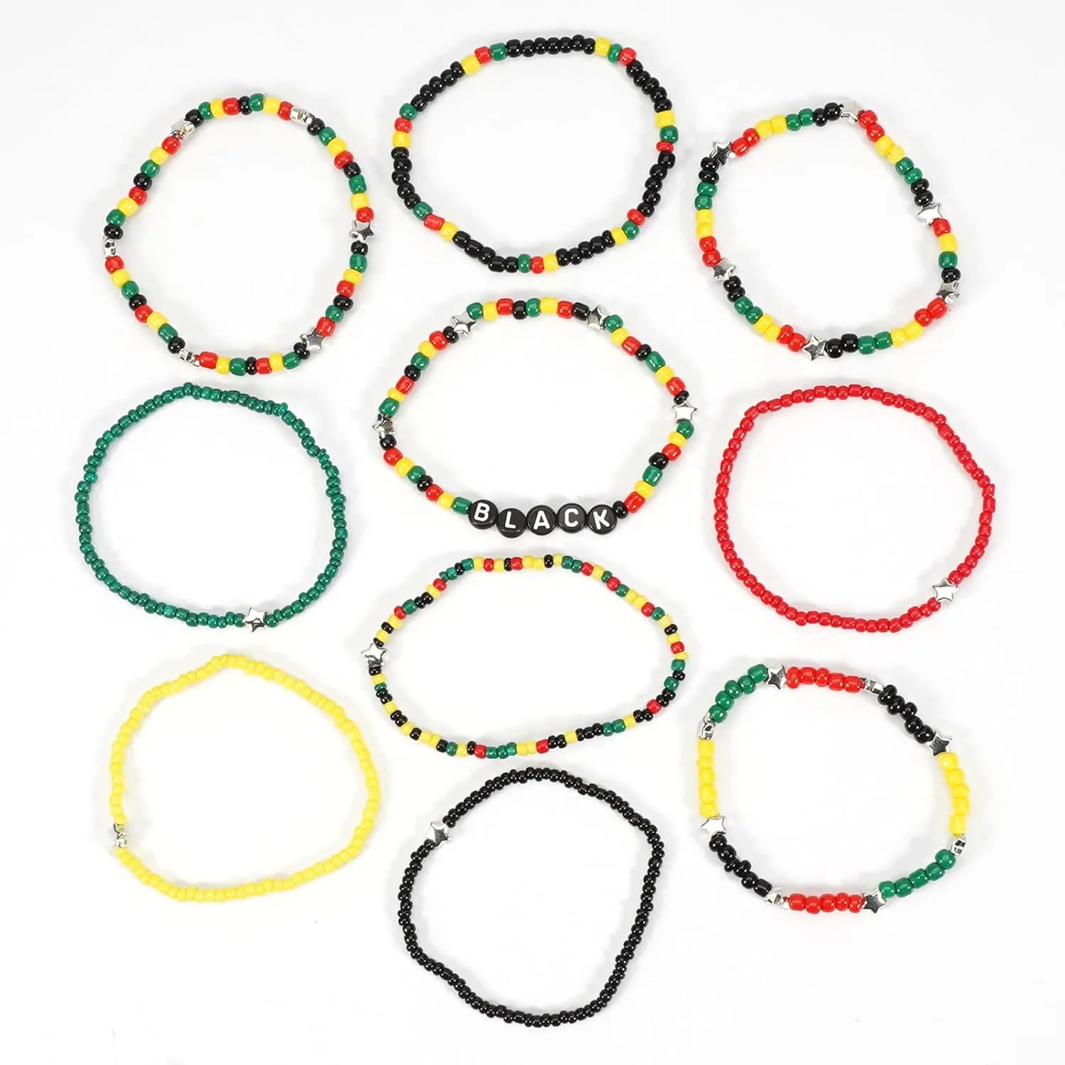 Multilayered Resin Beaded African Bangle Bracelet Stackable Juneteenth African Seed Beads Bracelets Yellow Black Green Red Strech Bangle Bohemian Ethnic Tribal Jamaican Africa Jewelry