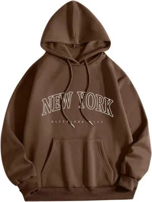 New York Hoodie Women Graphic Pullover Long Sleeve Comfy Casual Hooded Sweatshirts Pocket Fall Clothes Teen Girls