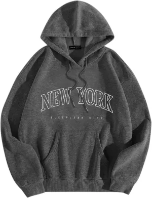 New York Hoodie Women Graphic Pullover Long Sleeve Comfy Casual Hooded Sweatshirts Pocket Fall Clothes Teen Girls