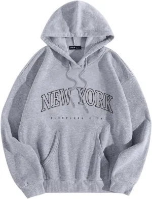 New York Hoodie Women Graphic Pullover Long Sleeve Comfy Casual Hooded Sweatshirts Pocket Fall Clothes Teen Girls