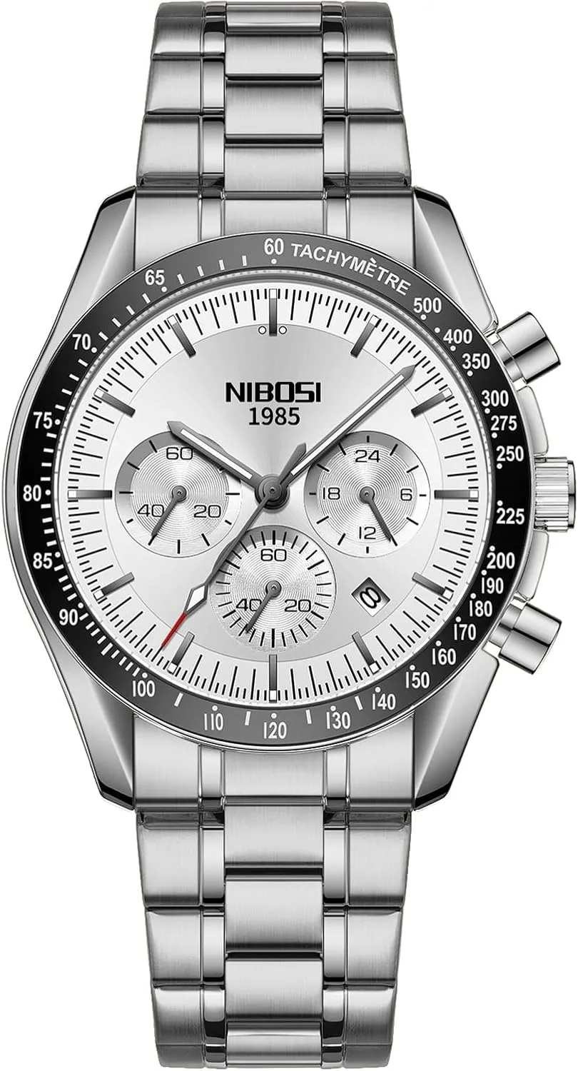 NIBOSI Mens Watches Analog Chronograph Watch with Calendar Waterproof Stainless Steel Strap Men's Wrist Watches Military Vintage Dainty Business Dress Quartz Watches for Men