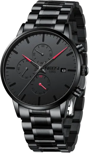 NIBOSI Men's Watches Analog Minimalist Black Dial Watches for Men Business Chronograph Military Casual Wrist Watches Stainless Steel Strap Date