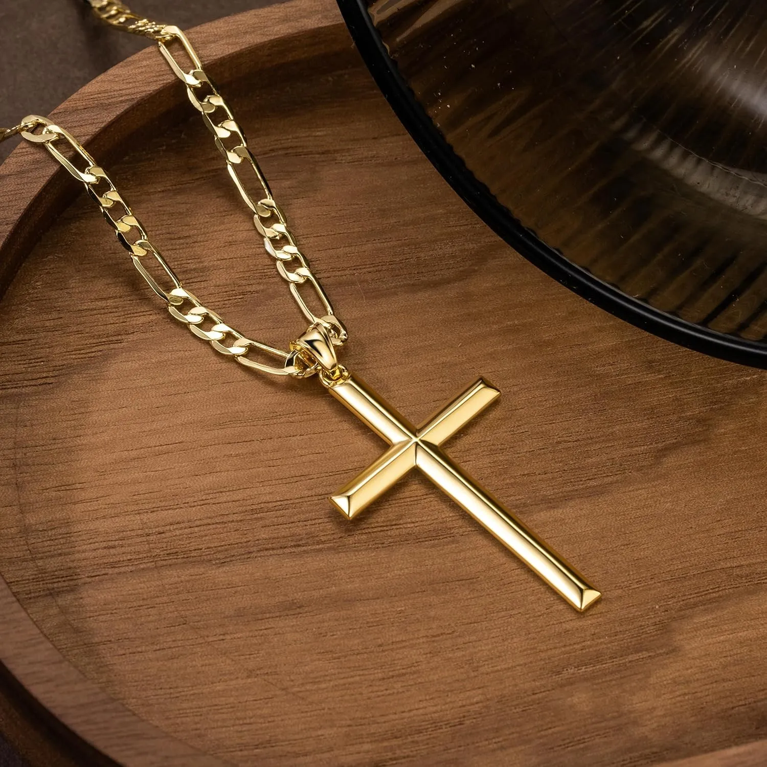 NICRET Gold Cross Necklace for Mens Necklaces Faithful Figaro Chain Gold Cross Pendant Timeless Elegance 20/22/24
