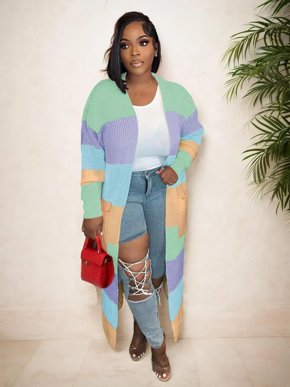Nimsruc Long Cardigan Sweaters for Women Patchwork Open Front Knit Sweater