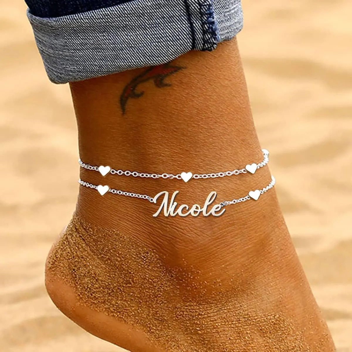 Novgarden Personalized Ankle Bracelets for Women, Sterling Silver Women Beaded Name Anklets with Cuban Chain Link Custom Bracelets Summer Beach Jewelry for Teen Girls
