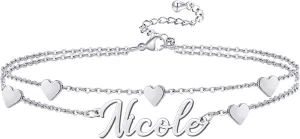 Novgarden Personalized Ankle Bracelets for Women, Sterling Silver Women Beaded Name Anklets with Cuban Chain Link Custom Bracelets Summer Beach Jewelry for Teen Girls