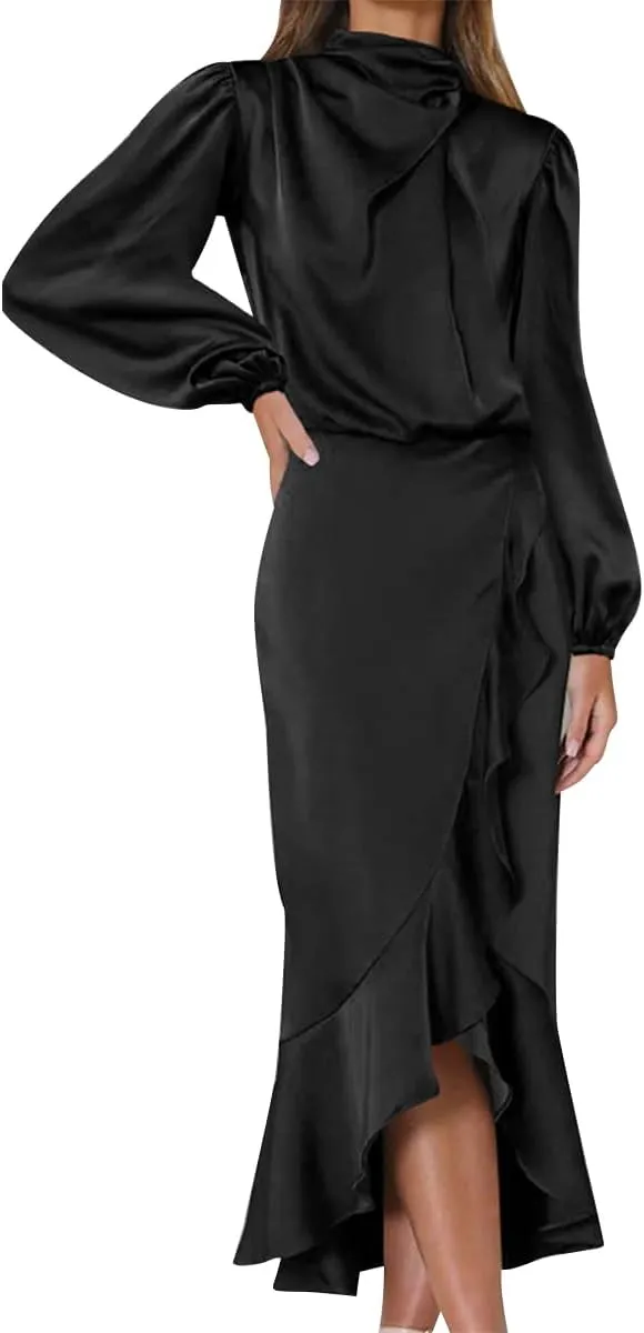ODIZLI Women Mock Neck Satin Dresses Cocktail Dress Elegant Long Sleeve Ruffle Wrap Fall Dresses
