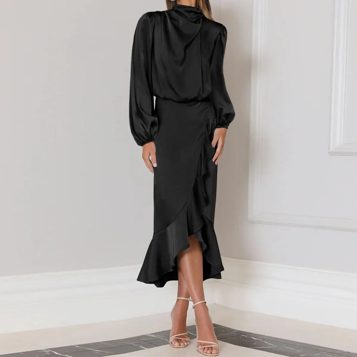 ODIZLI Women Mock Neck Satin Dresses Cocktail Dress Elegant Long Sleeve Ruffle Wrap Fall Dresses