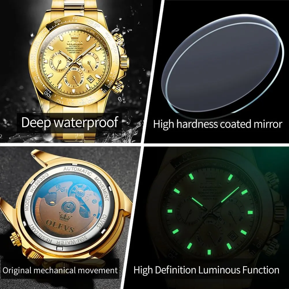OLEVS Automatic Gold Watches for Men Luxury Classic Stainless Steel Calendar Luminous Waterproof Watches for Men