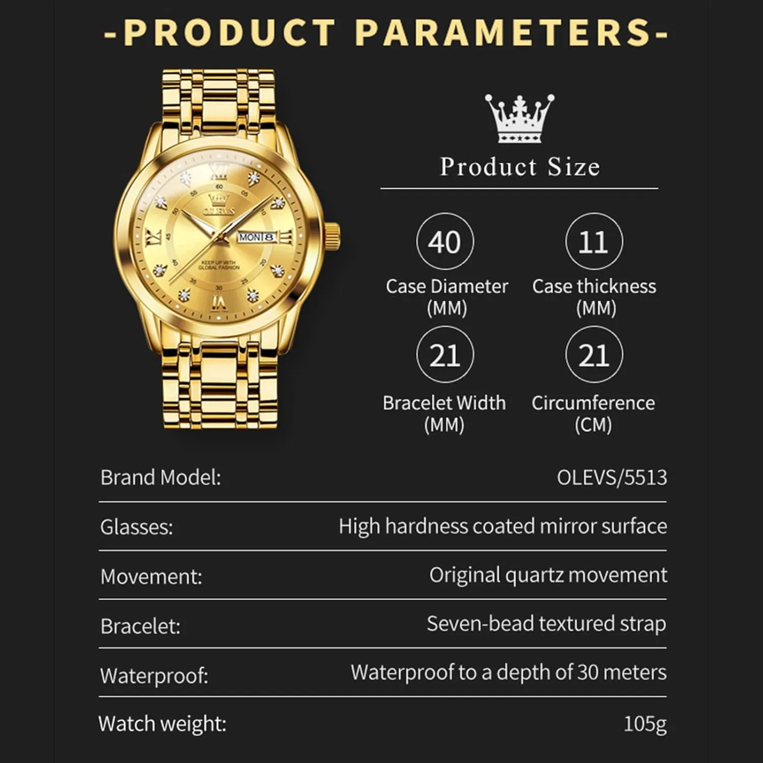 OLEVS Classic Men Watches with Date,Stainless Steel Man Watch with Date, Bussiness Watches for Men,Luminous Quartz Mens Watches Black/White/Blue/Gold, Waterproof Male Watch with Week