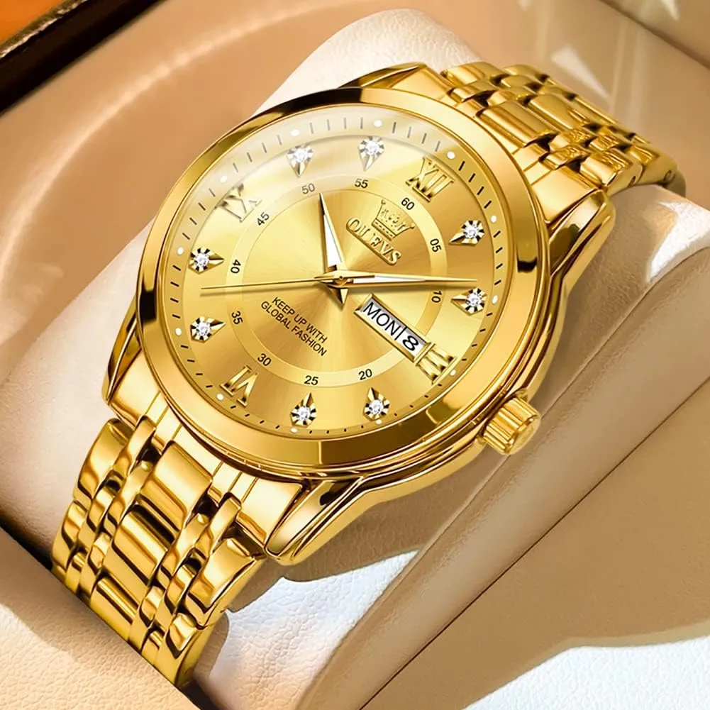 OLEVS Classic Men Watches with Date,Stainless Steel Man Watch with Date, Bussiness Watches for Men,Luminous Quartz Mens Watches Black/White/Blue/Gold, Waterproof Male Watch with Week