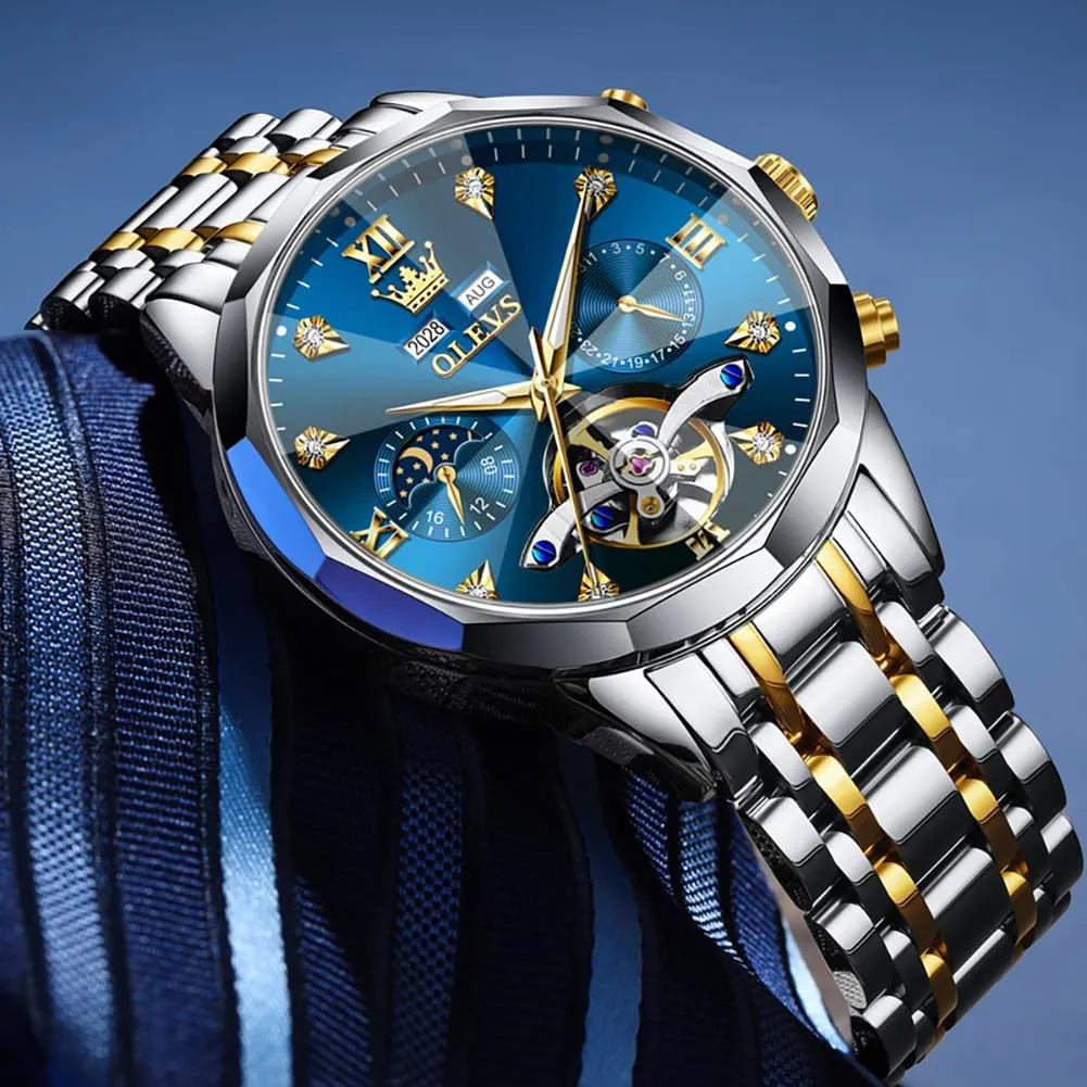 OLEVS Men Automatic Watch Diamond Skeleton Mechanical Luxury Self Winding Moon Phase Calendar Waterproof Wrist Watch for Men