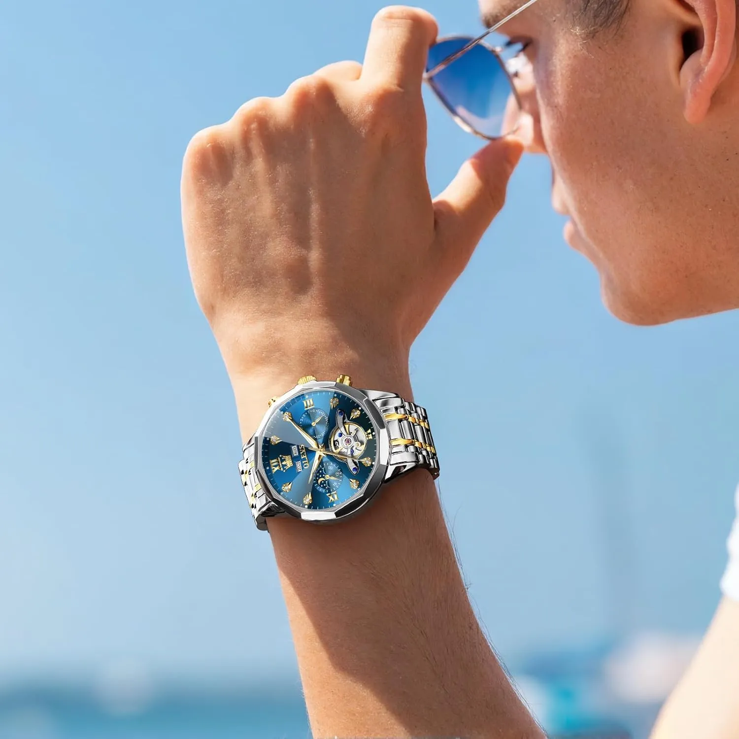 OLEVS Men Automatic Watch Diamond Skeleton Mechanical Luxury Self Winding Moon Phase Calendar Waterproof Wrist Watch for Men