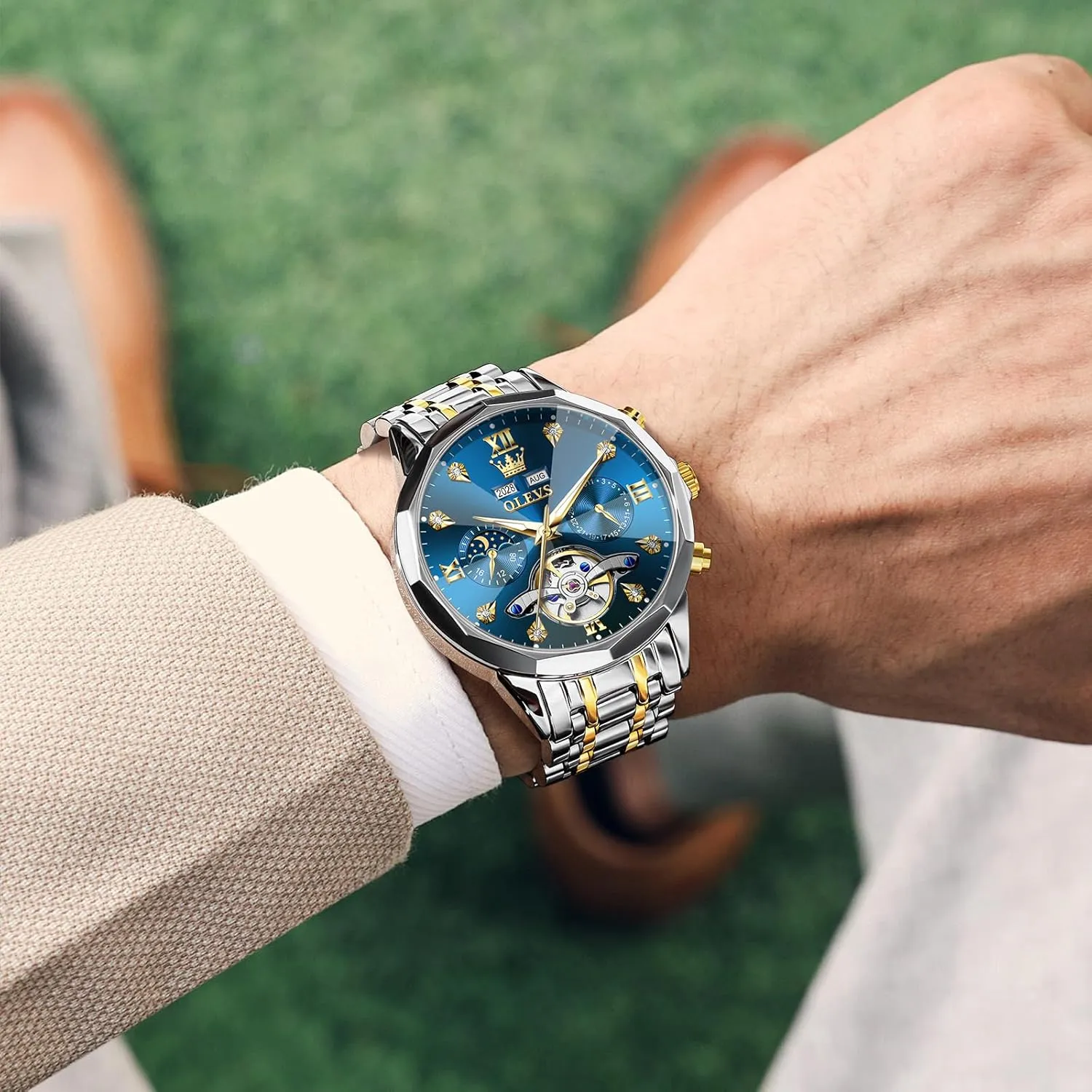 OLEVS Men Automatic Watch Diamond Skeleton Mechanical Luxury Self Winding Moon Phase Calendar Waterproof Wrist Watch for Men