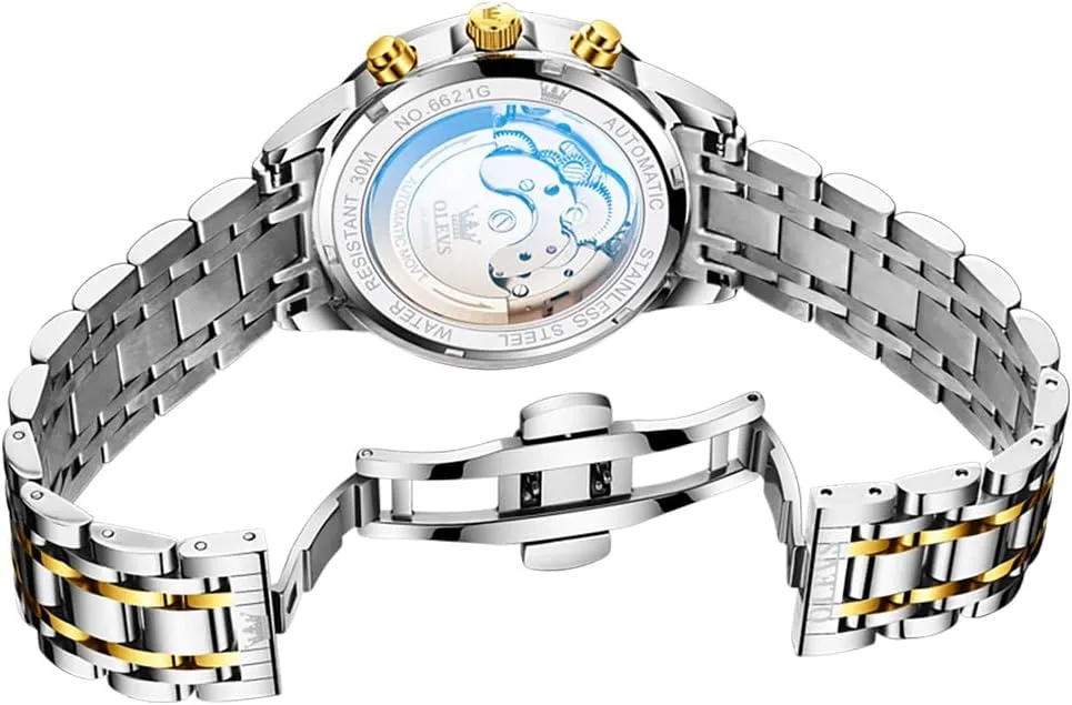 OLEVS Men Automatic Watch Diamond Skeleton Mechanical Luxury Self Winding Moon Phase Calendar Waterproof Wrist Watch for Men