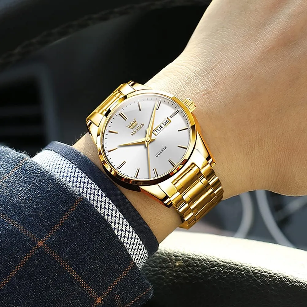 OLEVS Mens Gold Watches Analog Quartz Business Dress Watch Day Date Stainless Steel Classic Luxury Luminous Waterproof Casual Male Wrist Watches