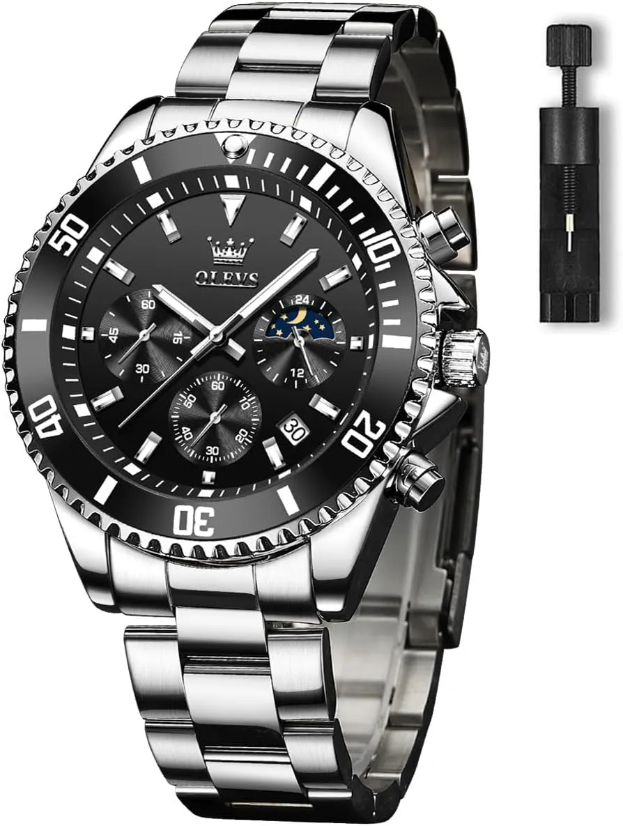 OLEVS Men's Watches with Date, Premium Gold and Silver Stainless Steel Analog Watches for Men, Classic Rotatable Bezel Men's Cuff Watches, Blue/Green/Black Dial