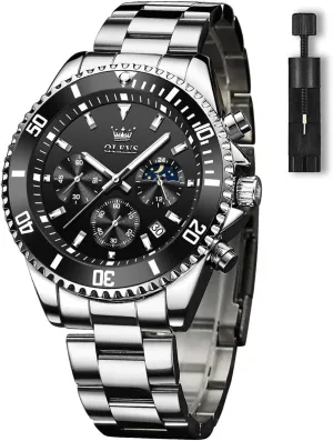 OLEVS Men's Watches with Date, Premium Gold and Silver Stainless Steel Analog Watches for Men, Classic Rotatable Bezel Men's Cuff Watches, Blue/Green/Black Dial