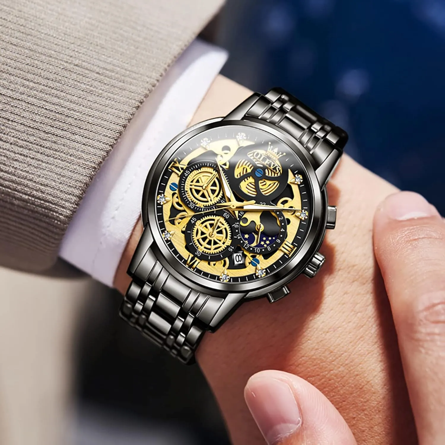 OLEVS Skeleton Watch for Men Stainless Steel Chronograph Watch for Men Classic Waterproof Mens Watches with Date Luxury Business Men's Analog Wrist Watches, relojes para Hombres Blue/Black/Gold/White