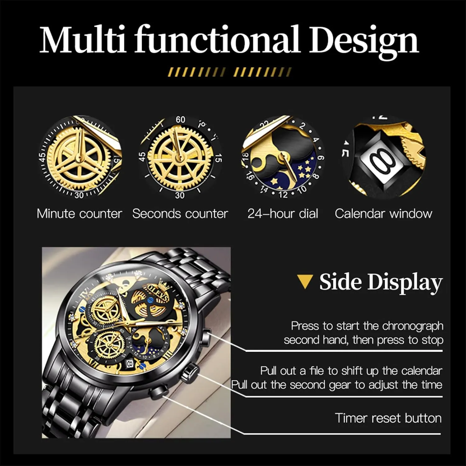 OLEVS Skeleton Watch for Men Stainless Steel Chronograph Watch for Men Classic Waterproof Mens Watches with Date Luxury Business Men's Analog Wrist Watches, relojes para Hombres Blue/Black/Gold/White