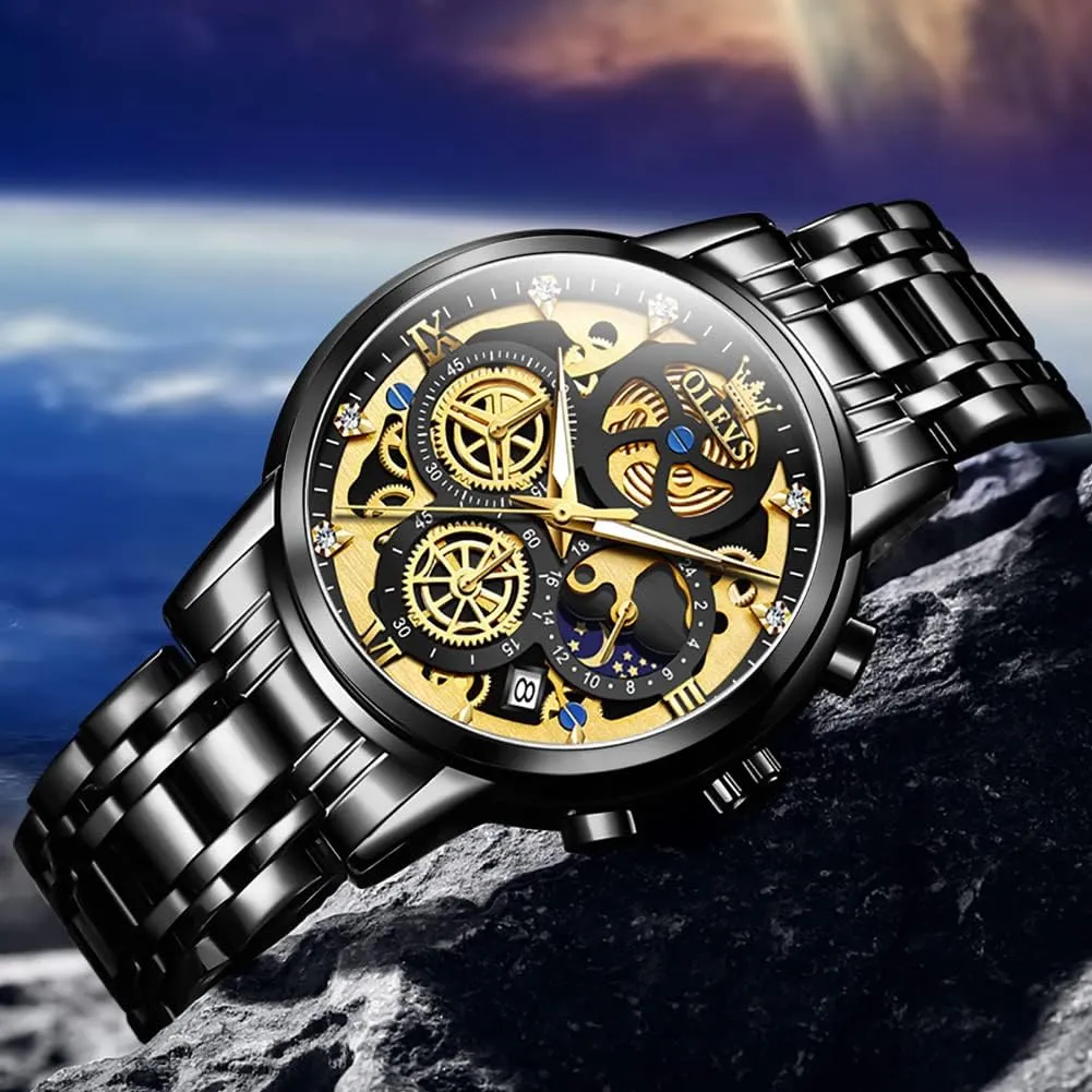 OLEVS Skeleton Watch for Men Stainless Steel Chronograph Watch for Men Classic Waterproof Mens Watches with Date Luxury Business Men's Analog Wrist Watches, relojes para Hombres Blue/Black/Gold/White
