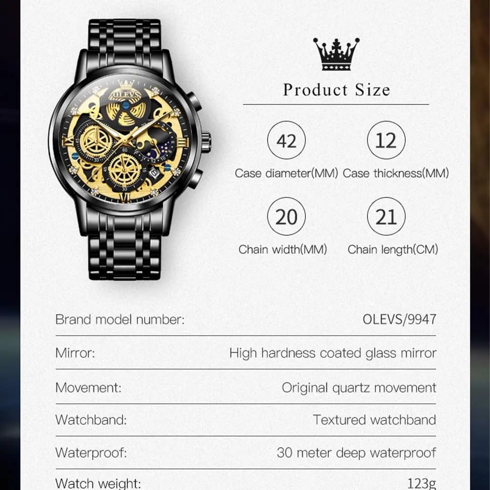 OLEVS Skeleton Watch for Men Stainless Steel Chronograph Watch for Men Classic Waterproof Mens Watches with Date Luxury Business Men's Analog Wrist Watches, relojes para Hombres Blue/Black/Gold/White