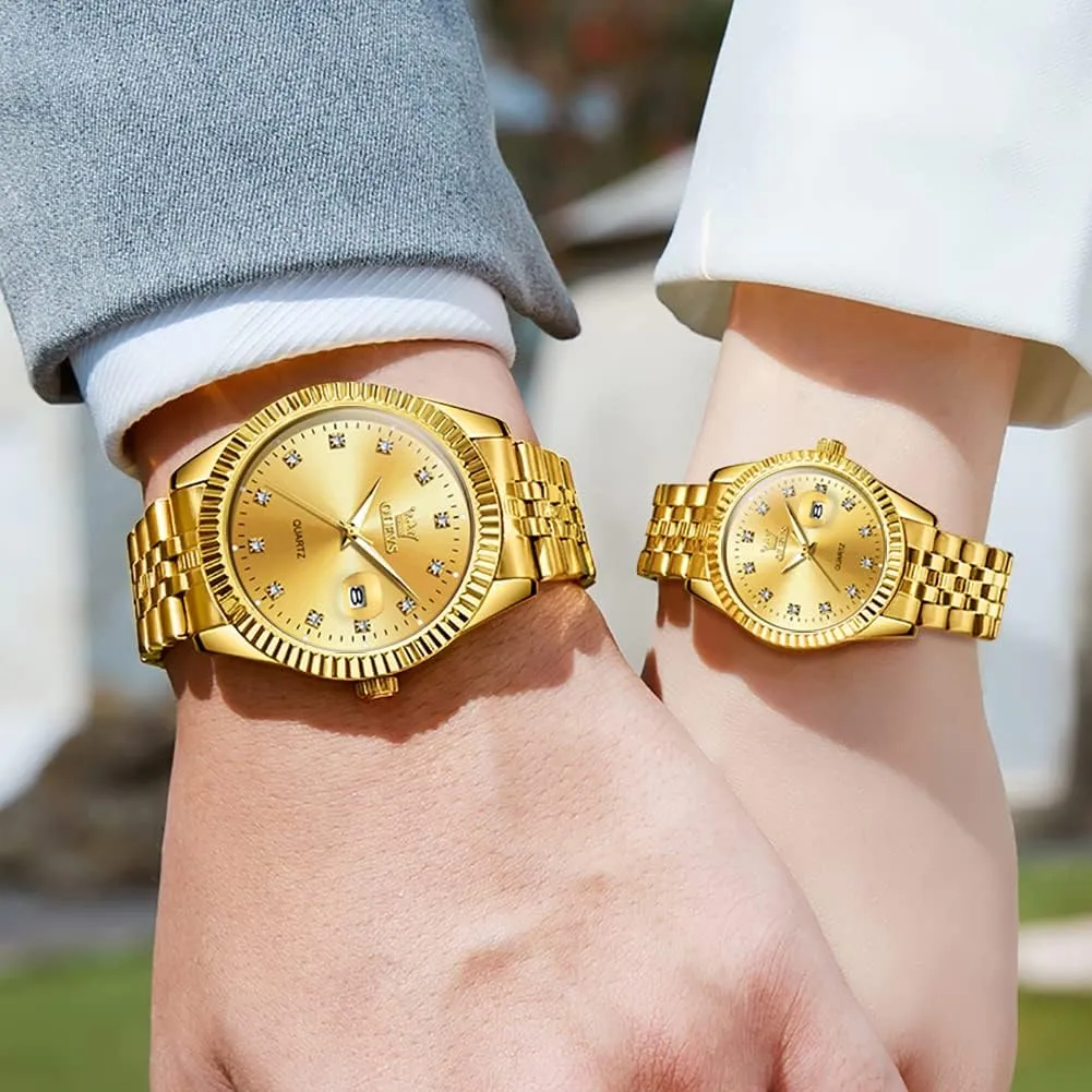 OLEVS Valentines Couple Pair Quartz Watches Luminous Calendar Date Business Dress Luxury His and Hers Wristwatch Waterproof Casual Stainless Steel Lovers Wedding Romantic Watches