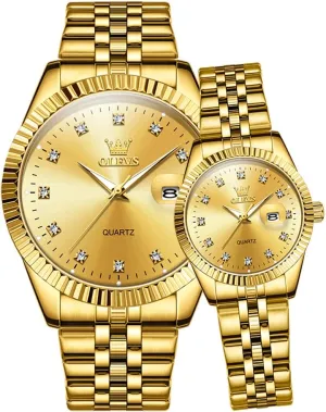 OLEVS Valentines Couple Pair Quartz Watches Luminous Calendar Date Business Dress Luxury His and Hers Wristwatch Waterproof Casual Stainless Steel Lovers Wedding Romantic Watches