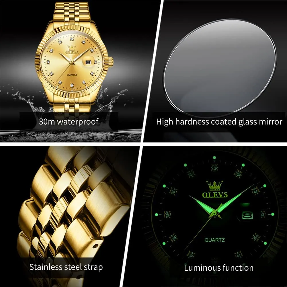 OLEVS Valentines Couple Pair Quartz Watches Luminous Calendar Date Business Dress Luxury His and Hers Wristwatch Waterproof Casual Stainless Steel Lovers Wedding Romantic Watches