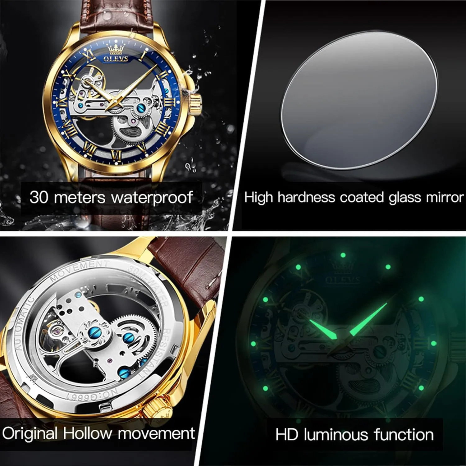 OLEVS Watch Men Skeleton Automatic Leather Band Watches for Men Large Face Self Winding Mechanical Mens Dress Watches Waterproof Easy to Read Business Casual Men's Wrist Watches