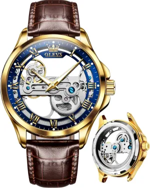 OLEVS Watch Men Skeleton Automatic Leather Band Watches for Men Large Face Self Winding Mechanical Mens Dress Watches Waterproof Easy to Read Business Casual Men's Wrist Watches