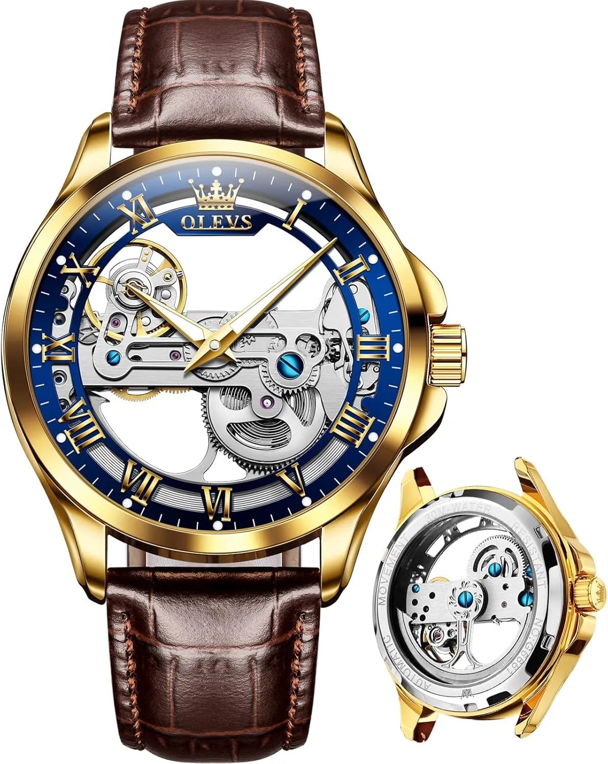 OLEVS Watch Men Skeleton Automatic Leather Band Watches for Men Large Face Self Winding Mechanical Mens Dress Watches Waterproof Easy to Read Business Casual Men's Wrist Watches