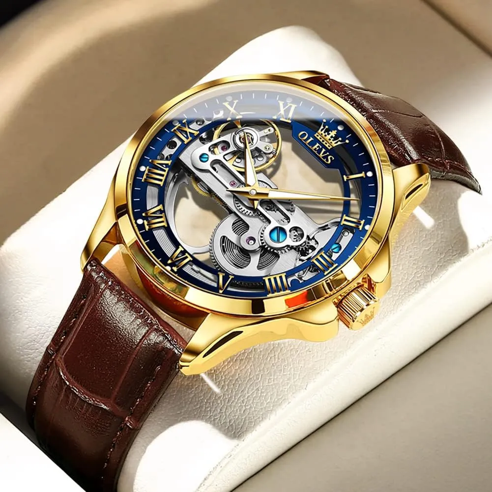 OLEVS Watch Men Skeleton Automatic Leather Band Watches for Men Large Face Self Winding Mechanical Mens Dress Watches Waterproof Easy to Read Business Casual Men's Wrist Watches