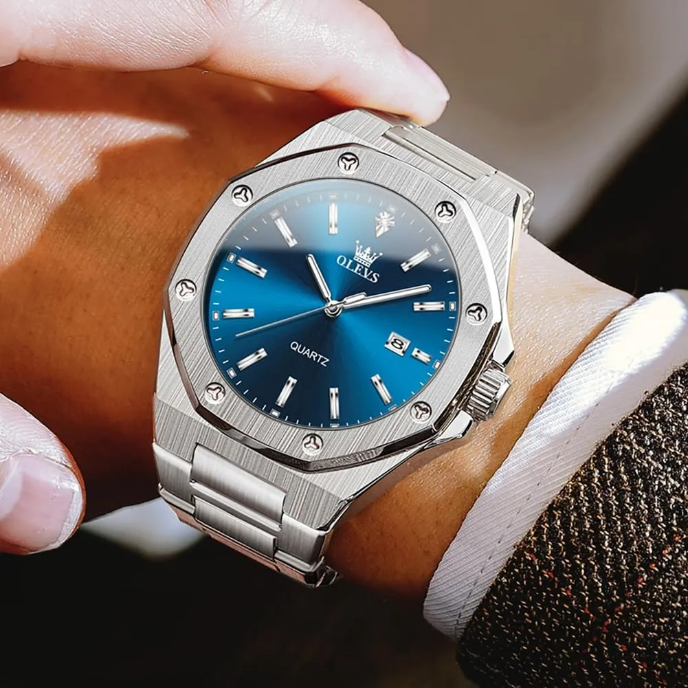 OLEVS Watches for Men Stainless Steel Business Dress Large Easy to Read Analog Watch Waterproof Luminous Casual Luxury Men Watch
