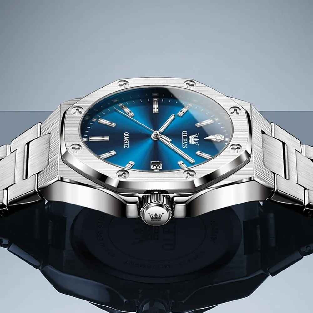 OLEVS Watches for Men Stainless Steel Business Dress Large Easy to Read Analog Watch Waterproof Luminous Casual Luxury Men Watch