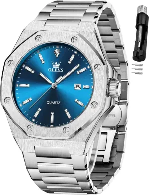 OLEVS Watches for Men Stainless Steel Business Dress Large Easy to Read Analog Watch Waterproof Luminous Casual Luxury Men Watch