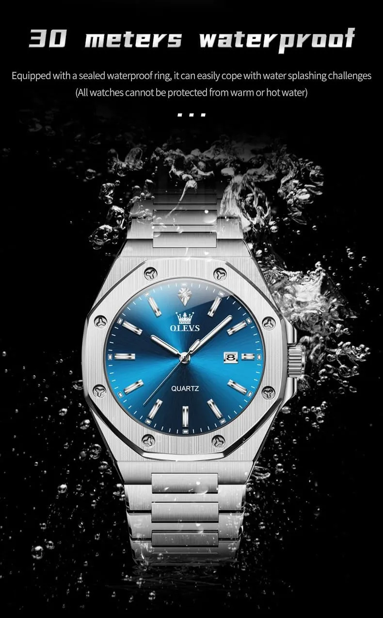 OLEVS Watches for Men Stainless Steel Business Dress Large Easy to Read Analog Watch Waterproof Luminous Casual Luxury Men Watch