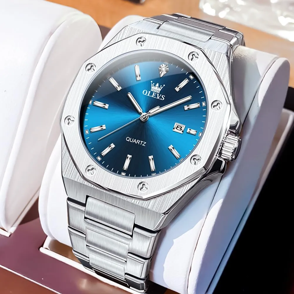 OLEVS Watches for Men Stainless Steel Business Dress Large Easy to Read Analog Watch Waterproof Luminous Casual Luxury Men Watch