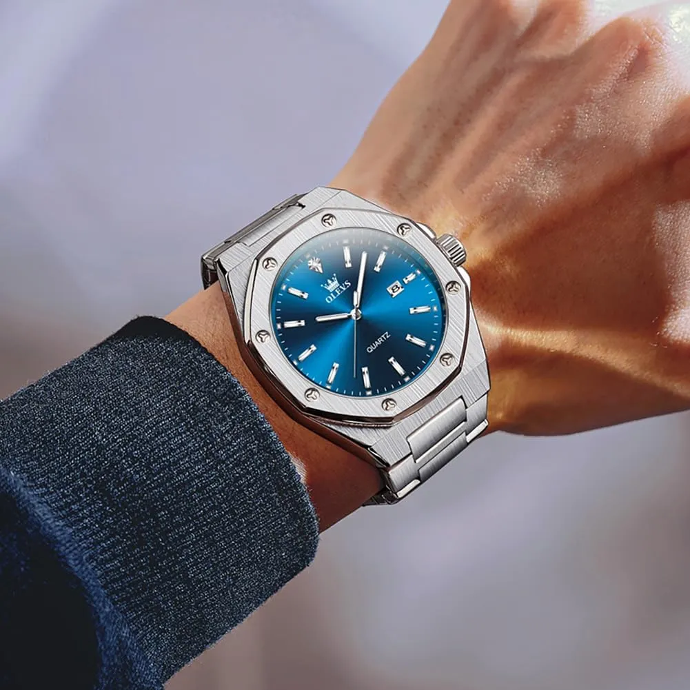 OLEVS Watches for Men Stainless Steel Business Dress Large Easy to Read Analog Watch Waterproof Luminous Casual Luxury Men Watch