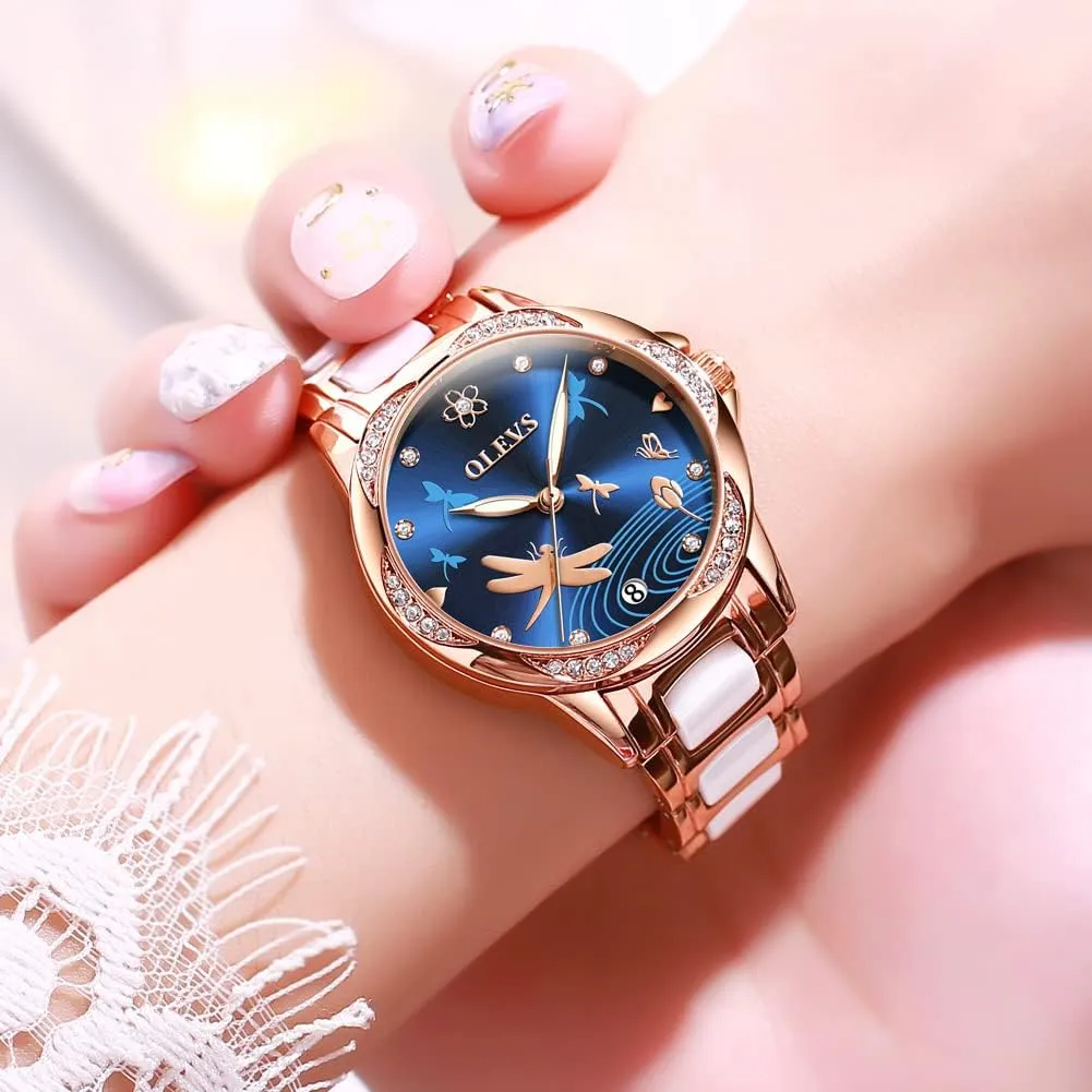 OLEVS Watches for Women Automatic Mechanical Self Winding Rose Gold Ladies Watch Diamond Dress Ceramic Bracelet Waterproof Female Wrist Watch